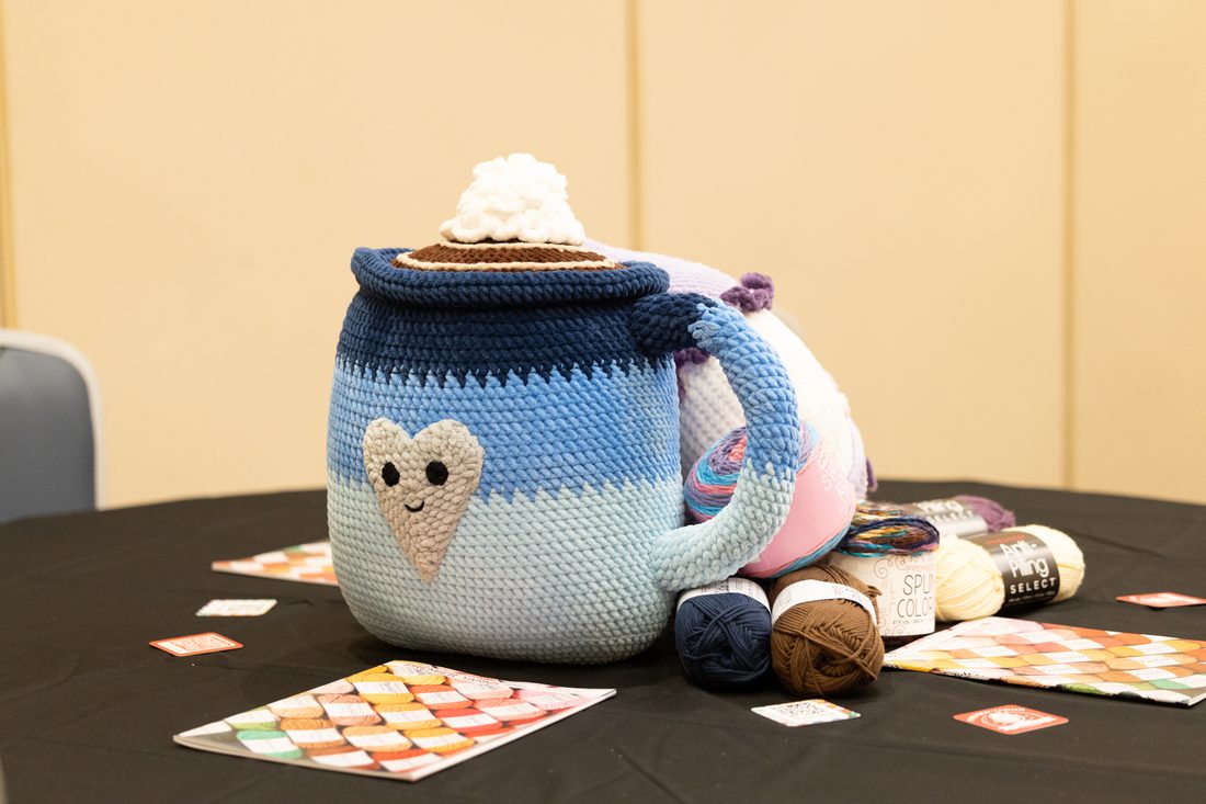Crocheted teapot on display